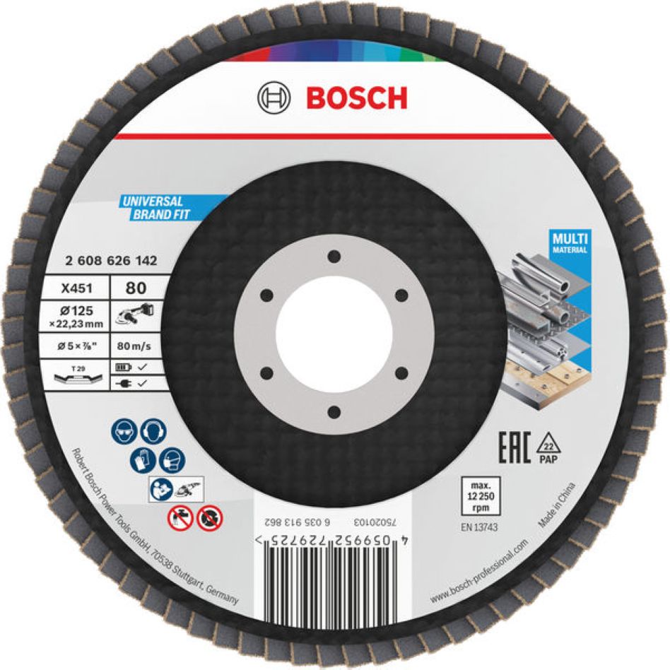 Bosch Blue Zubehör 2608626142 Lamellenschleifscheibe X451 Multi Material Ø125 mm Körnung 80 rechtwinklige Ausführung