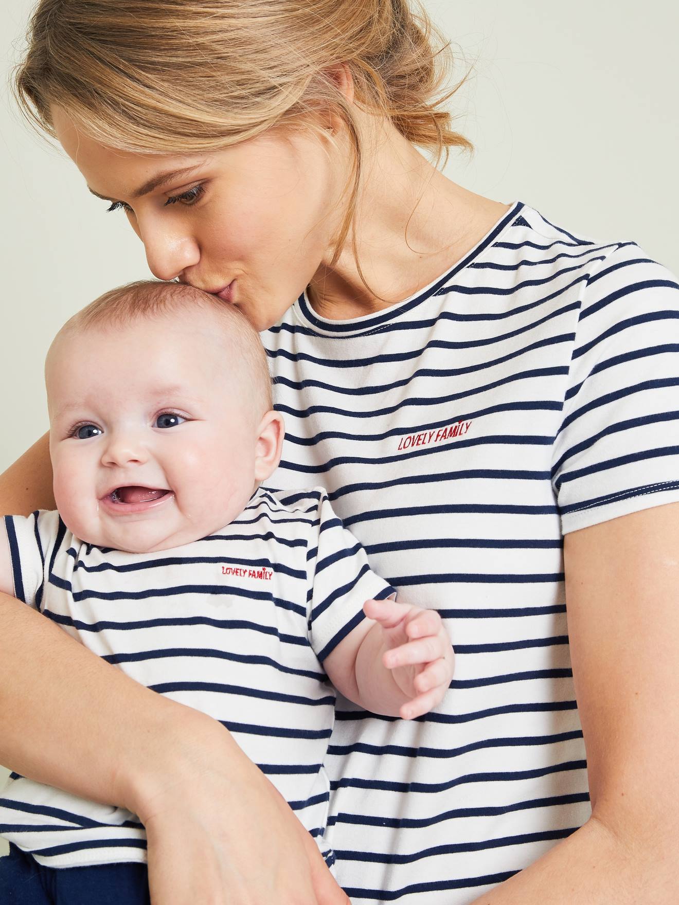 Kit spécial naissance T-shirt maman + T-shirt bébé raye bleu