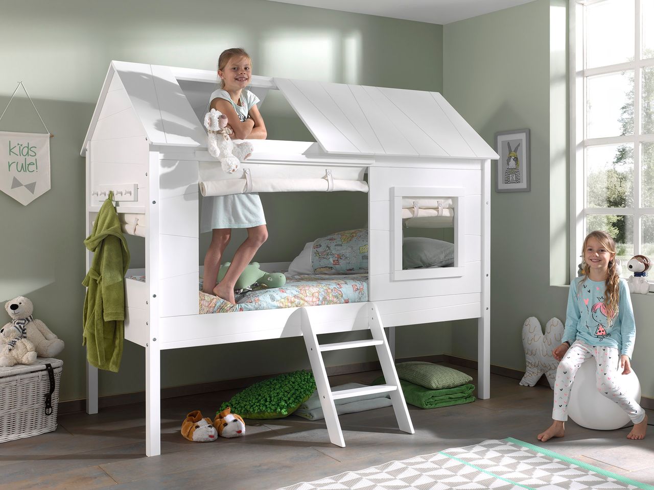 VIPACK Charlotte Baumhaus Bett 90 x 200 cm Liegefläche inkl. Vorhang Set, Creme-Weiß