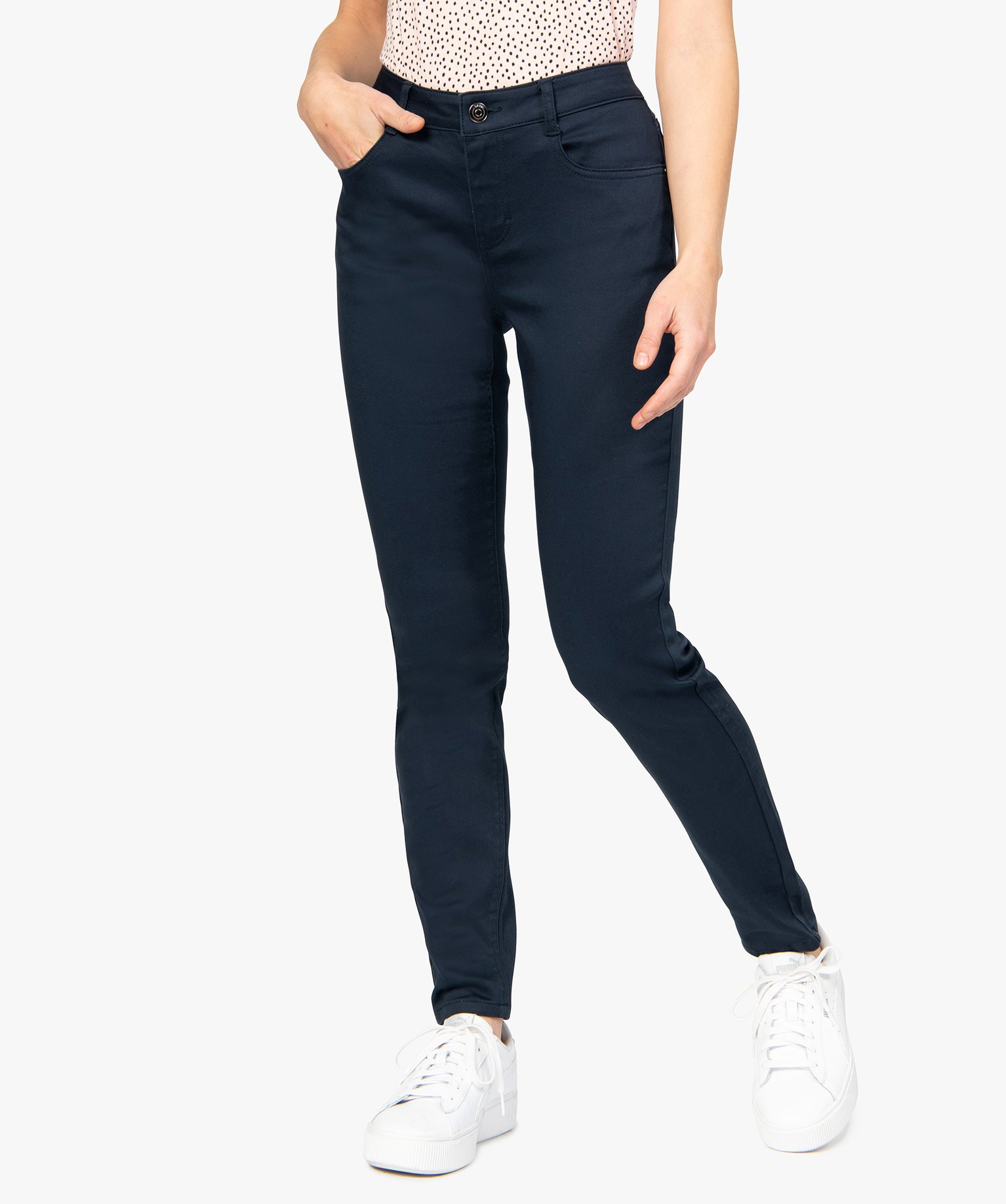 Pantalon femme coupe slim en toile extensible marine | GEMO