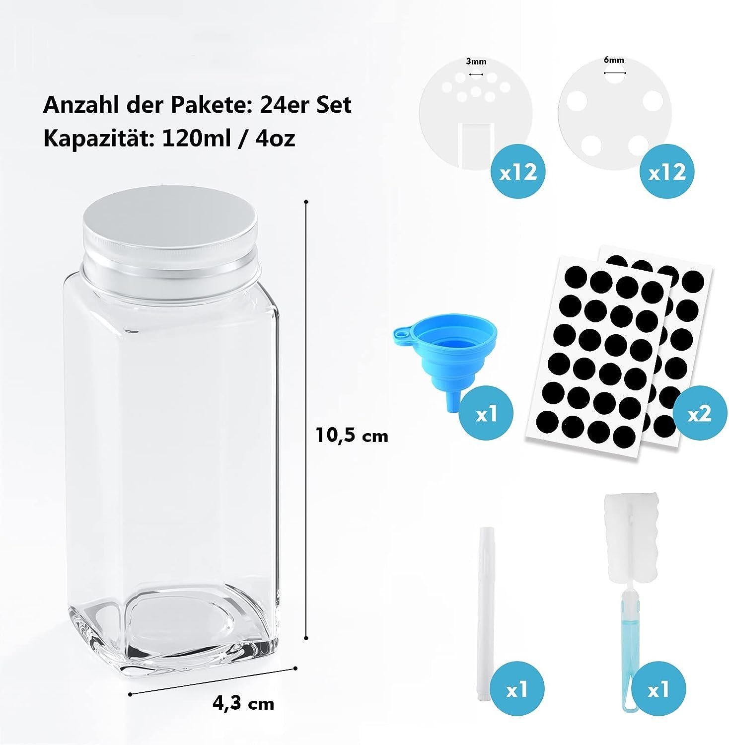 vokarala Gewürzbehälter Gewürzgläser Eckig 24 Set Glasbehälter Gewürzdosen aus Glas 120ml, (24-tlg), Gewürzstreuer mit Etiketten für Küche