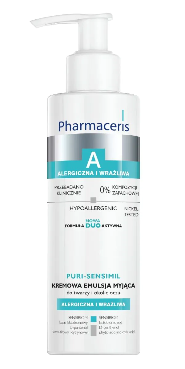 „Pharmaceris A Puri-Sensimil“ kreminė valomoji emulsija veidui ir paakių sričiai.