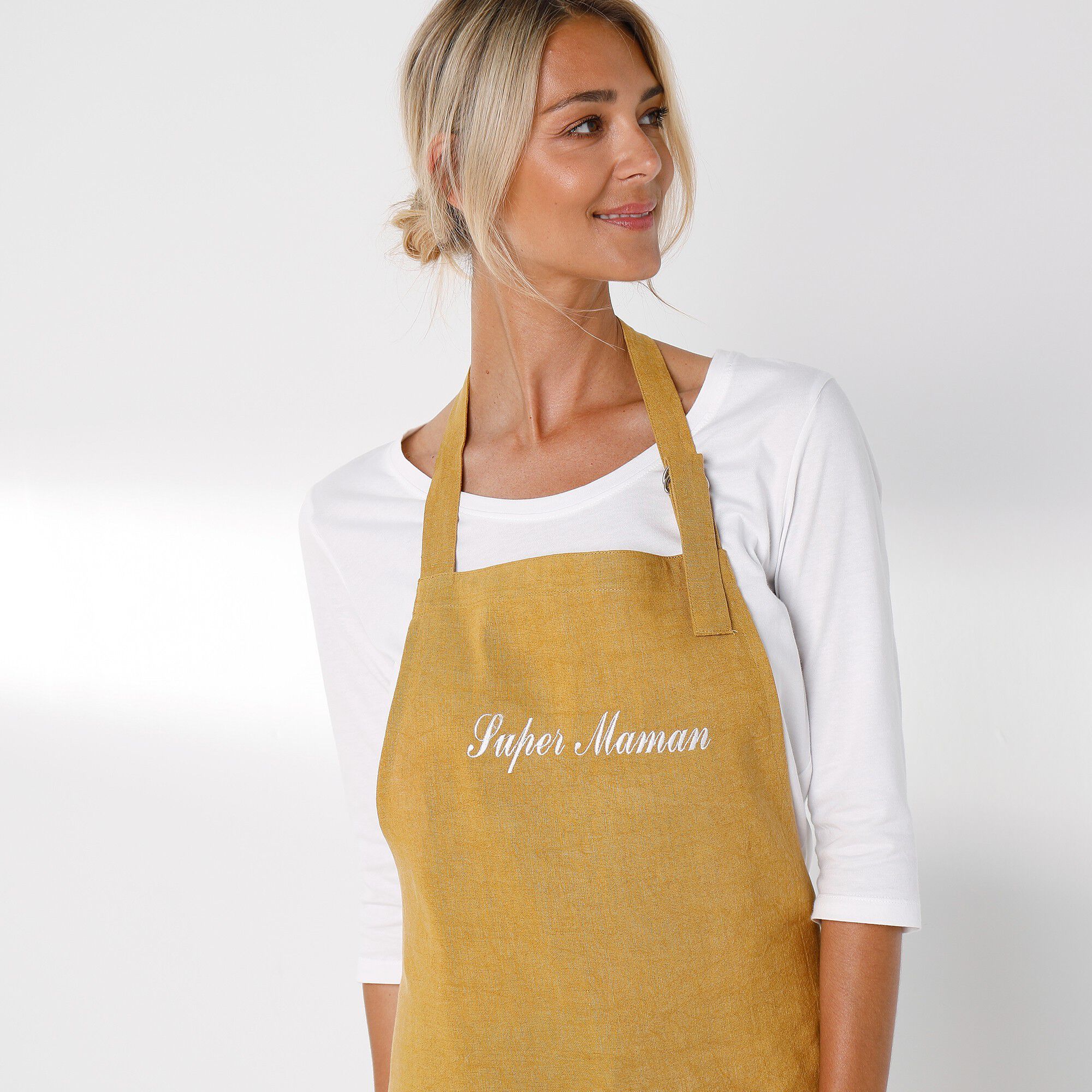 Tablier bavette coton et lin uni personnalisable