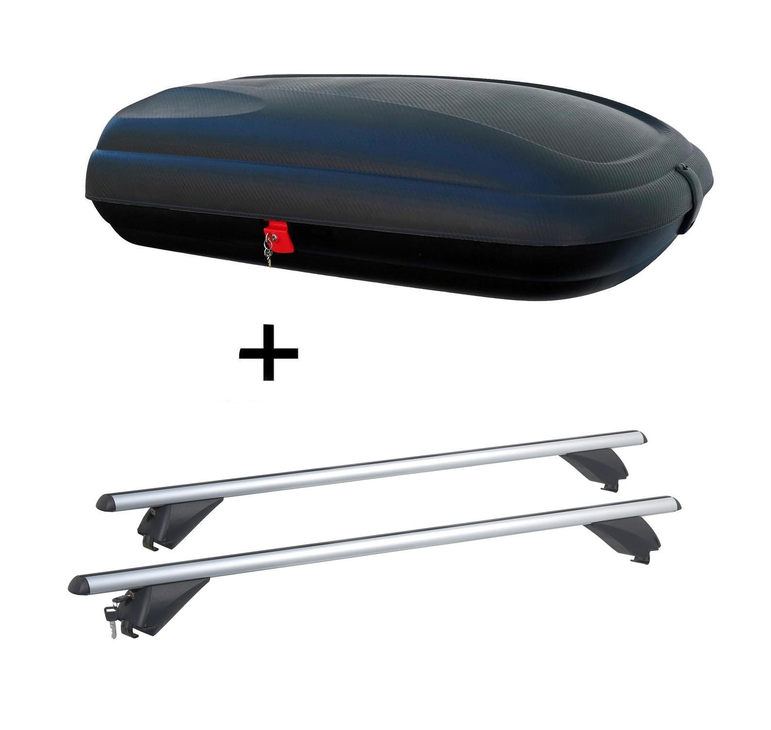 VDP Dachbox, (Für Ihren Opel Zafira III (Tourer) (5Türer) ab 2011 mit anliegender Reling), Dachbox VDPBA320 320Ltr carbonlook abschließbar + Alu Dachträger RB003 kompatibel mit Opel Zafira III (Tourer) (5Türer) ab 2011