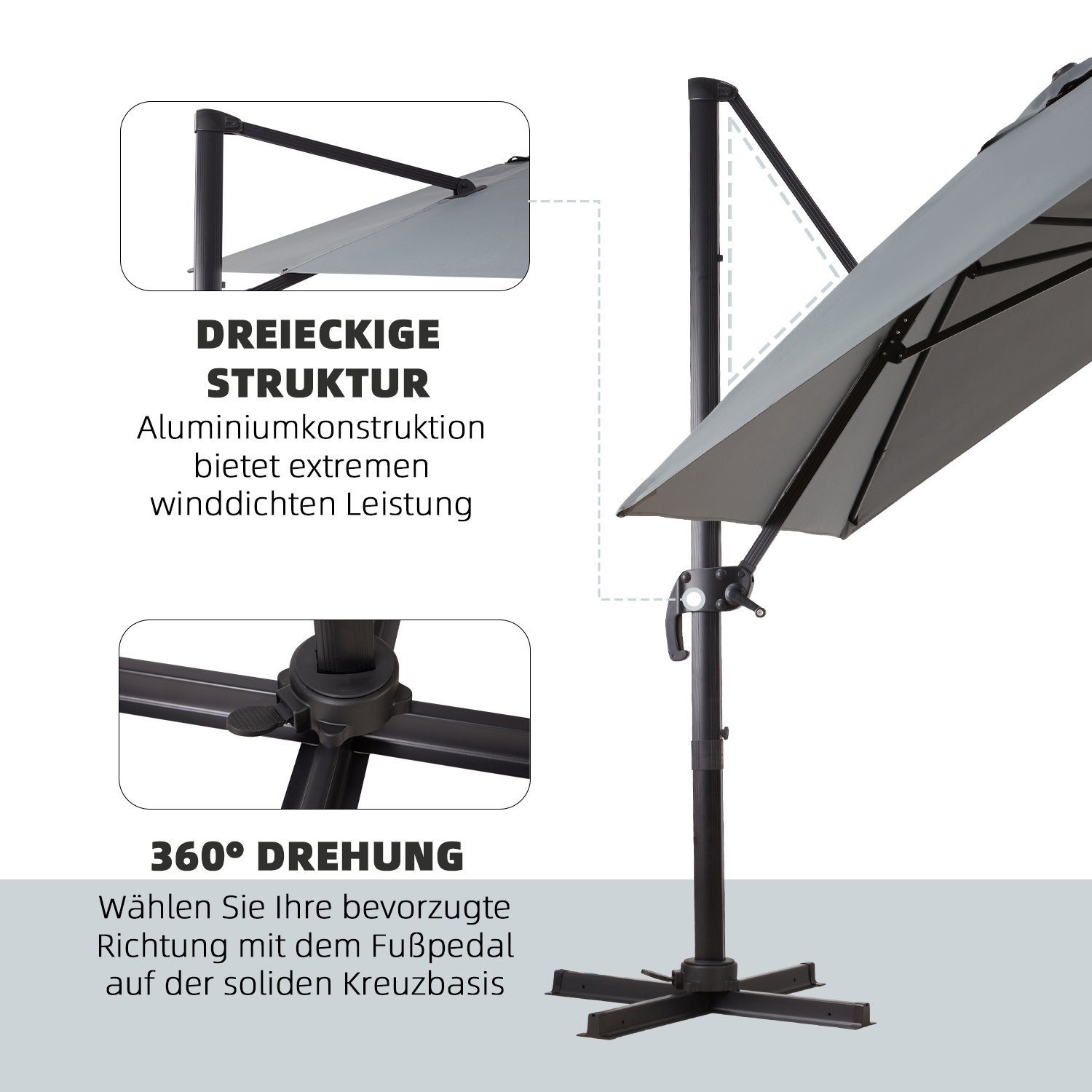 EROMMY Sonnenschirm Rechteckiger Terrassenschirm für Garten und Balkon, LxB: 374,00x285,00 cm, 360° drehbar, 5-fach verstellbar, ohne Schirmständer