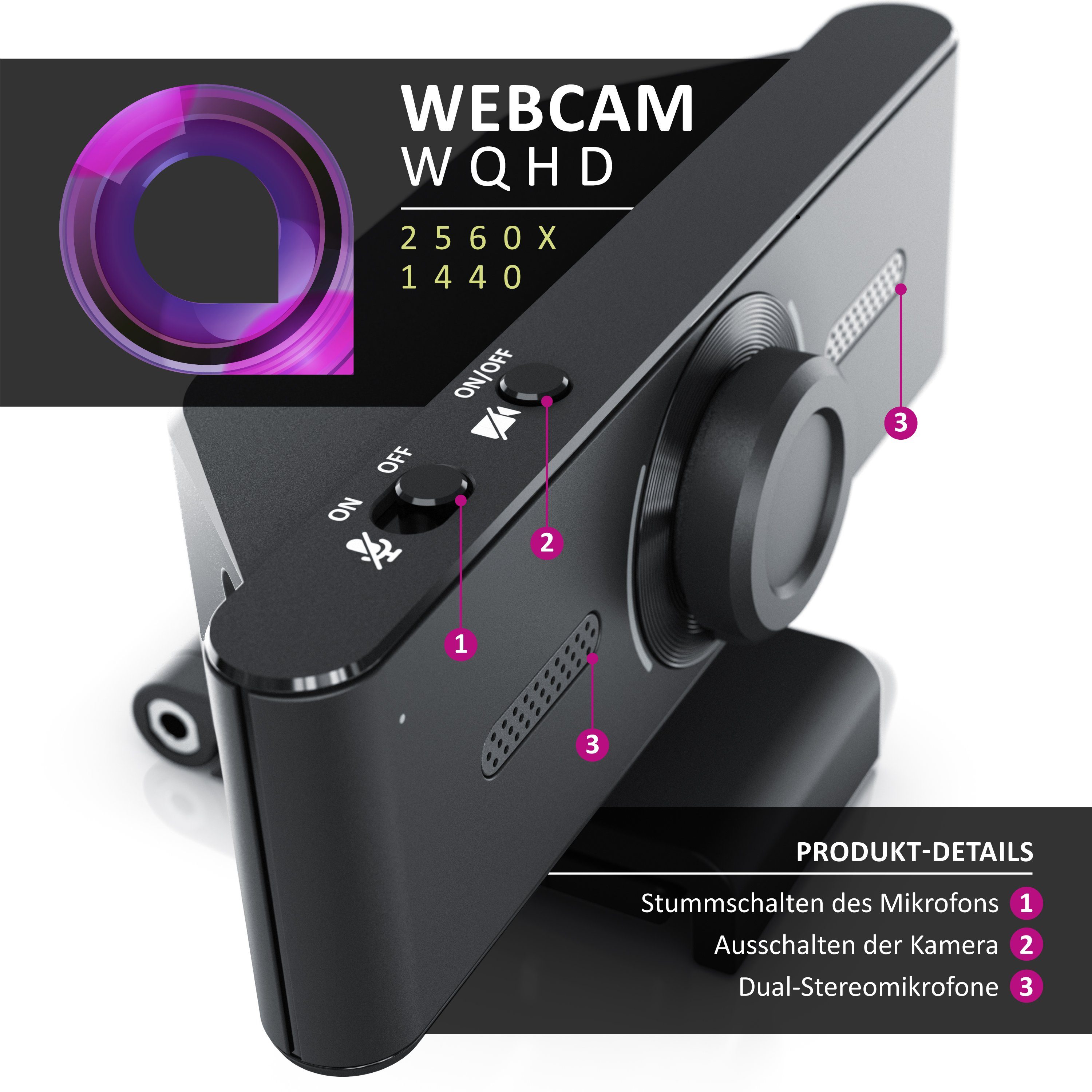 Aplic Full HD-Webcam (2K @ 30 Hz, FHD @ 60 Hz, manueller Fokus, Dual Mikrofon, Stativgewinde)
