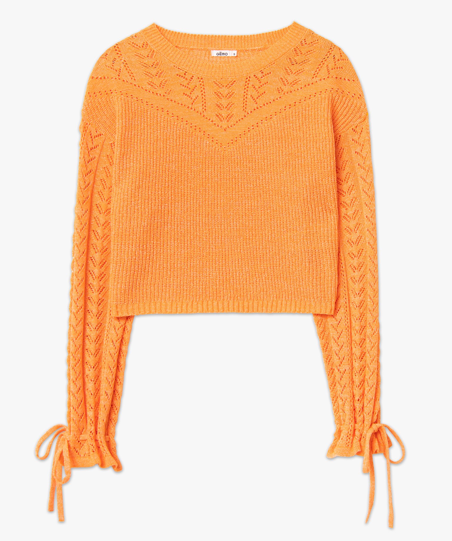 Pull femme coupe courte en maille ajourée orange | GEMO