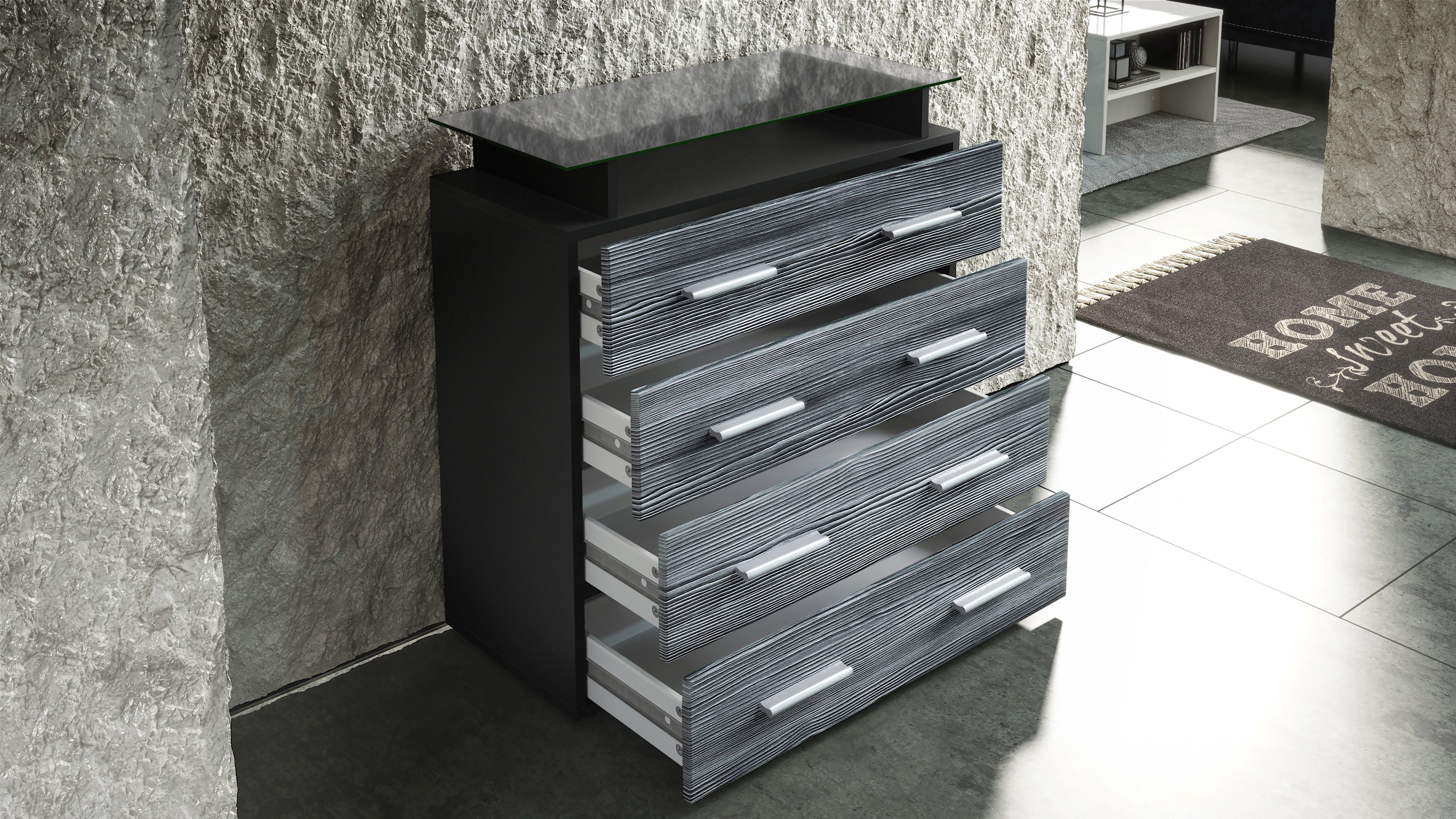 Vladon Kommode Pavos (Kommode, mit 4 Schubladen und Glasablage), Schwarz matt/Weiß Hochglanz (76 x 81 x 35 cm)