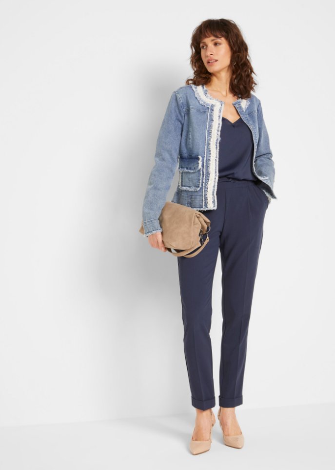 Jeansjacke mit Tweed und Perlen