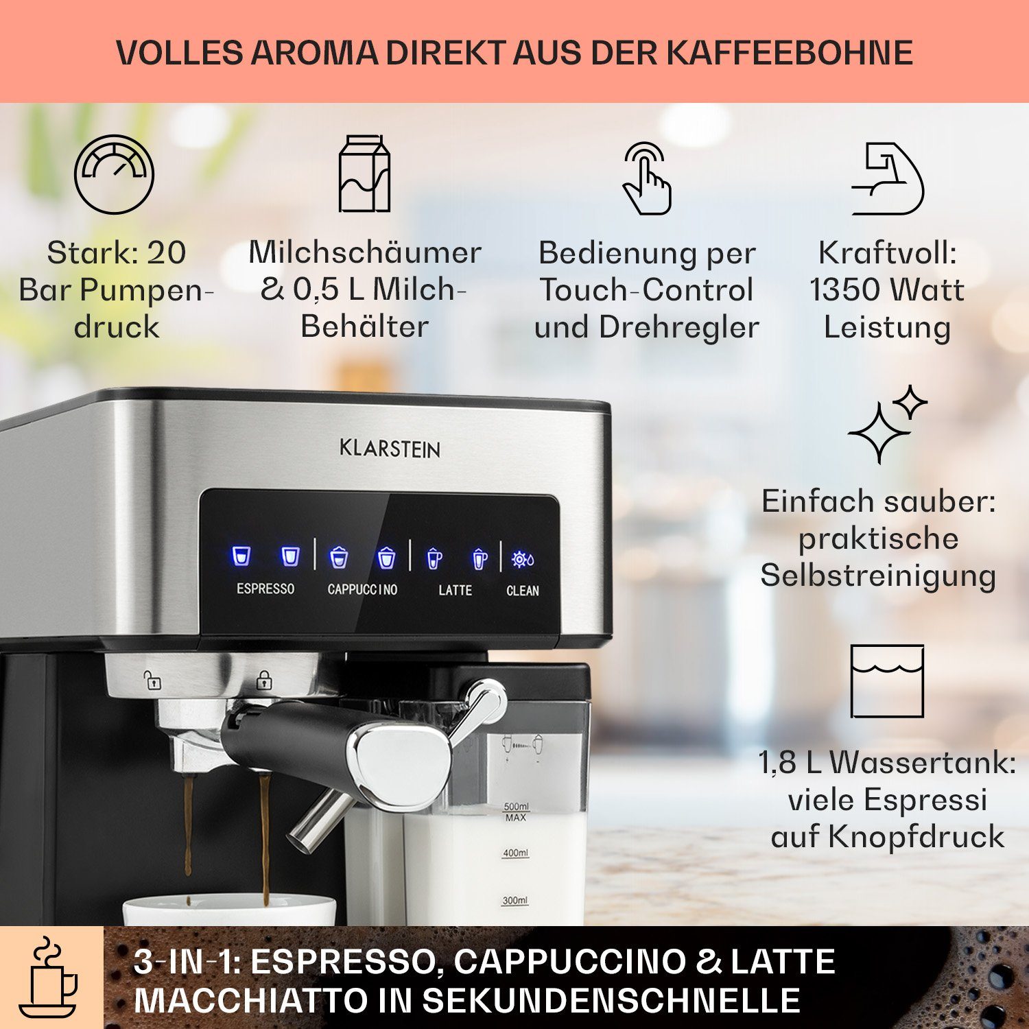 Klarstein Espressomaschine Arabica Comfort, 1.8l Kaffeekanne, Gemahlener Kaffee und Pads: 2-in-1- Nutzung zum flexiblen Gebrauch