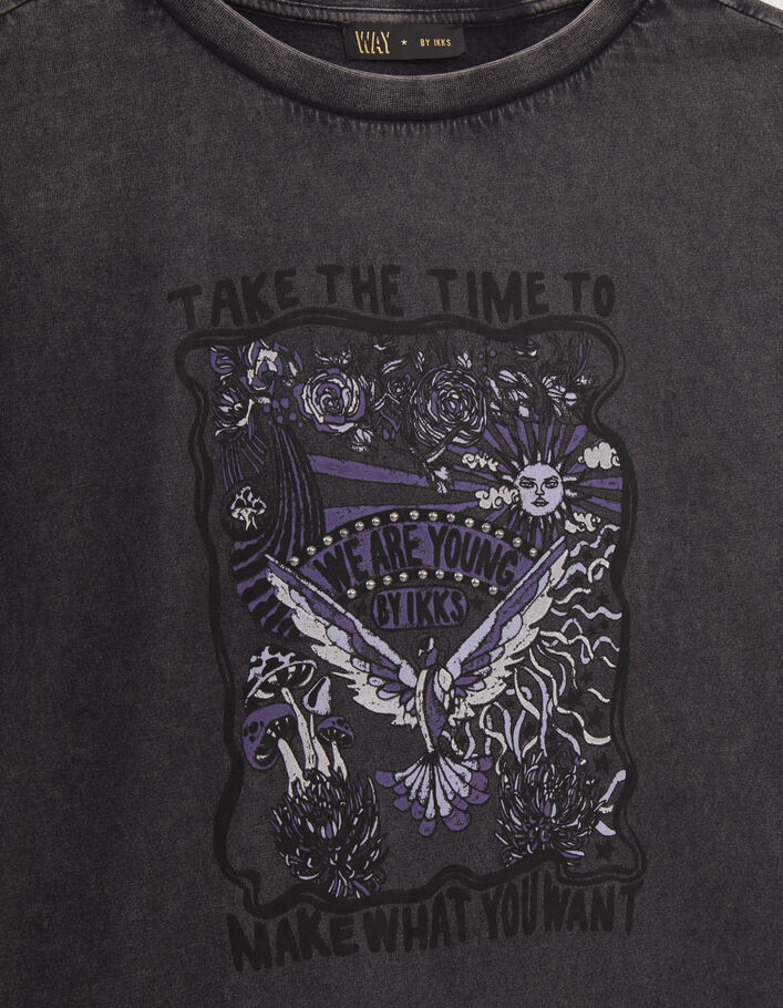 T-shirt gris visuel rock avec clous fille