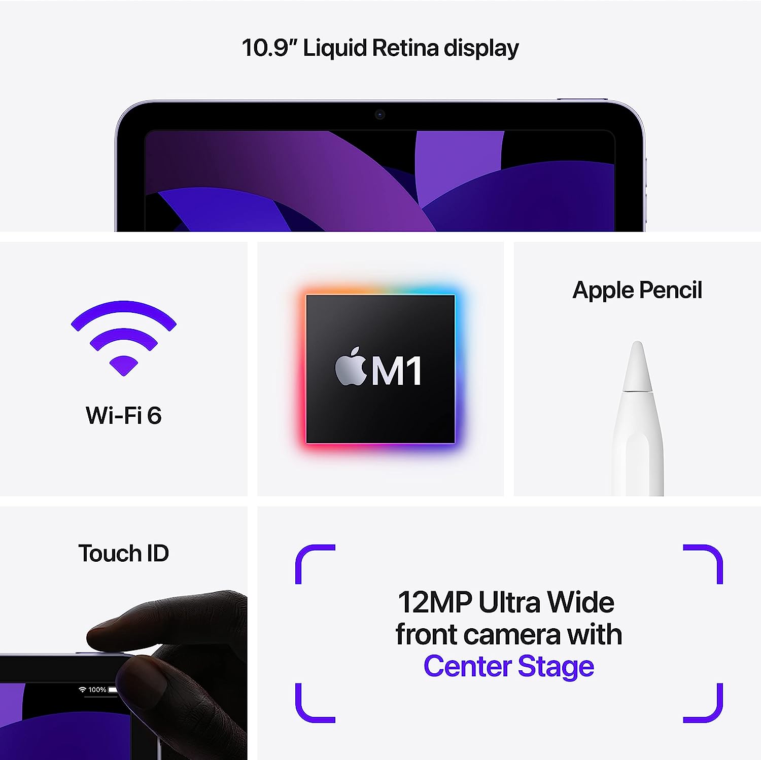 Apple iPad Air (5th Generation): with M1 chip, 10.9-inch Liquid Retina Display, Wi-Fi 6, 12MP front/12MP Back Camera, Touch ID, All-Day Battery Life – Purple