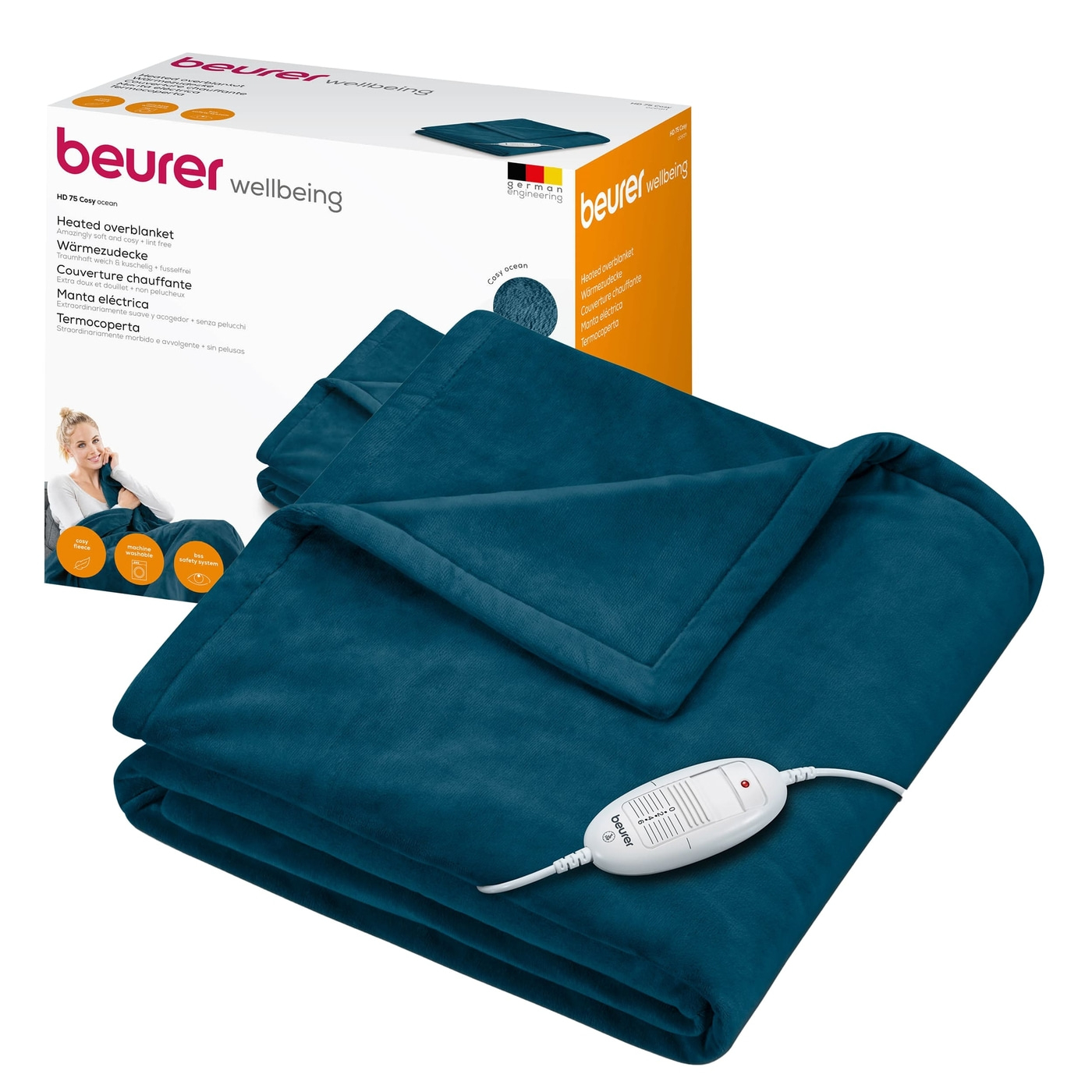 Beurer Wärmezudecke HD 75 Cosy Ocean-Atmungsaktive Heizdecke in trendigem Blau mit anschmiegsamer Flauschfaser
