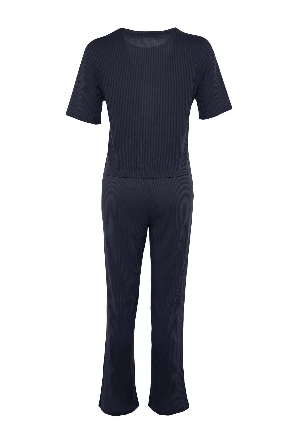 Trendyol Collection  Marineblauer Slogan-bedruckter, detaillierter Gummi-T-Shirt-Hose-Strickpyjama aus schnurgebundener Baumwolle THMSS21PT1016