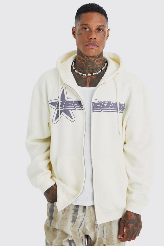 Oversize Hoodie mit Worldwide-Print und Reißverschluss