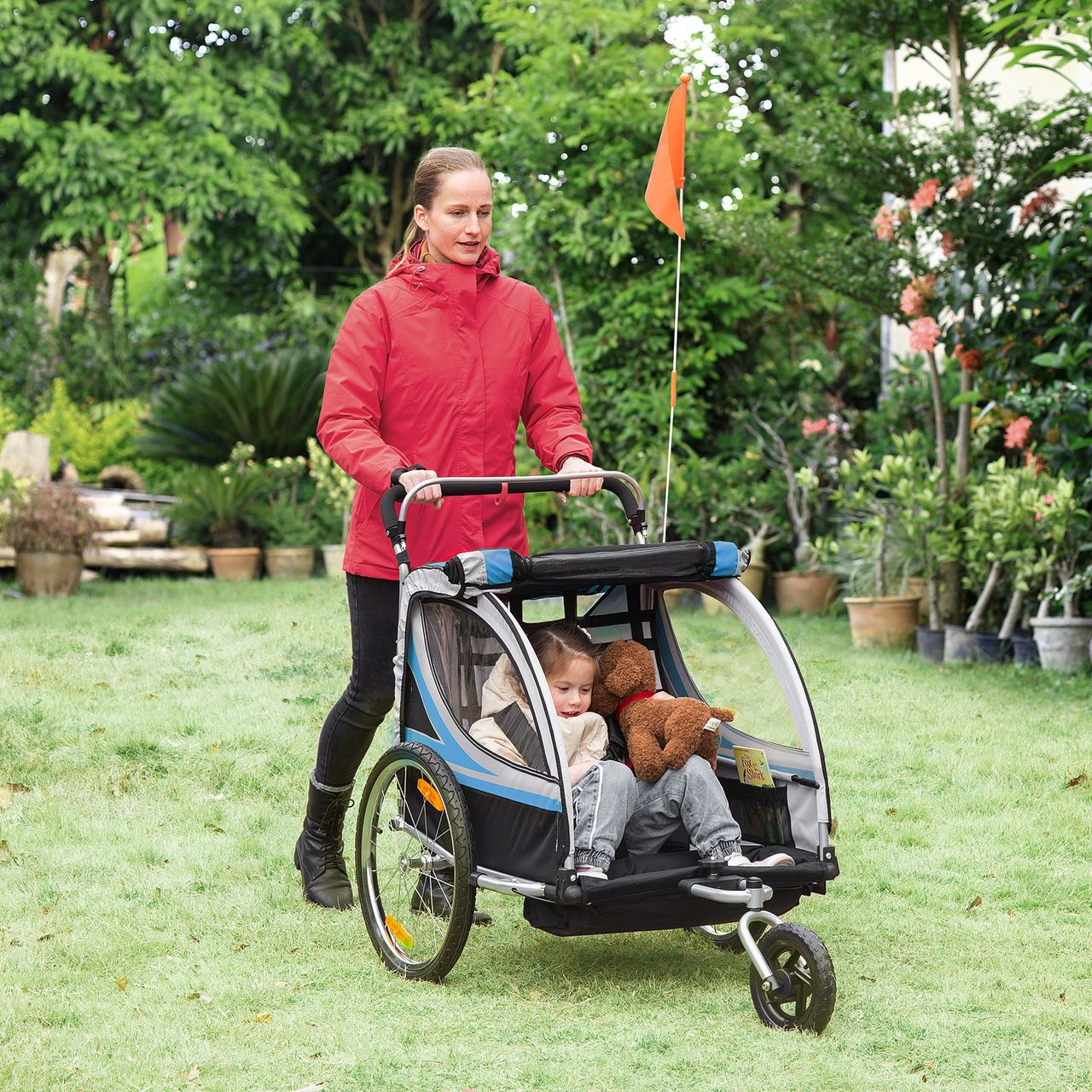 HOMCOM 2 in 1 Kinderfahrradanhänger, Kinderanhänger mit Federung, Blau Schwarz