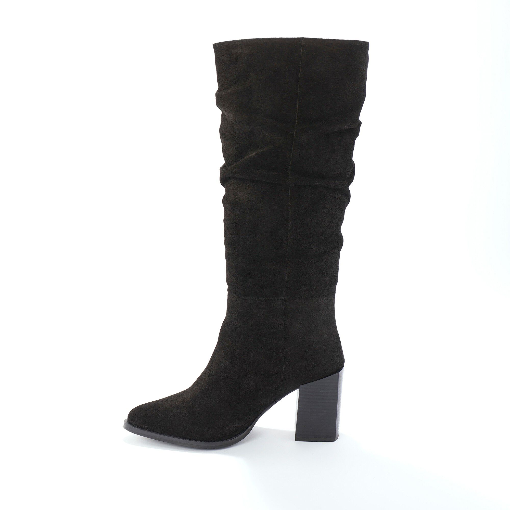 Bottes plissées à talon, croûte de cuir