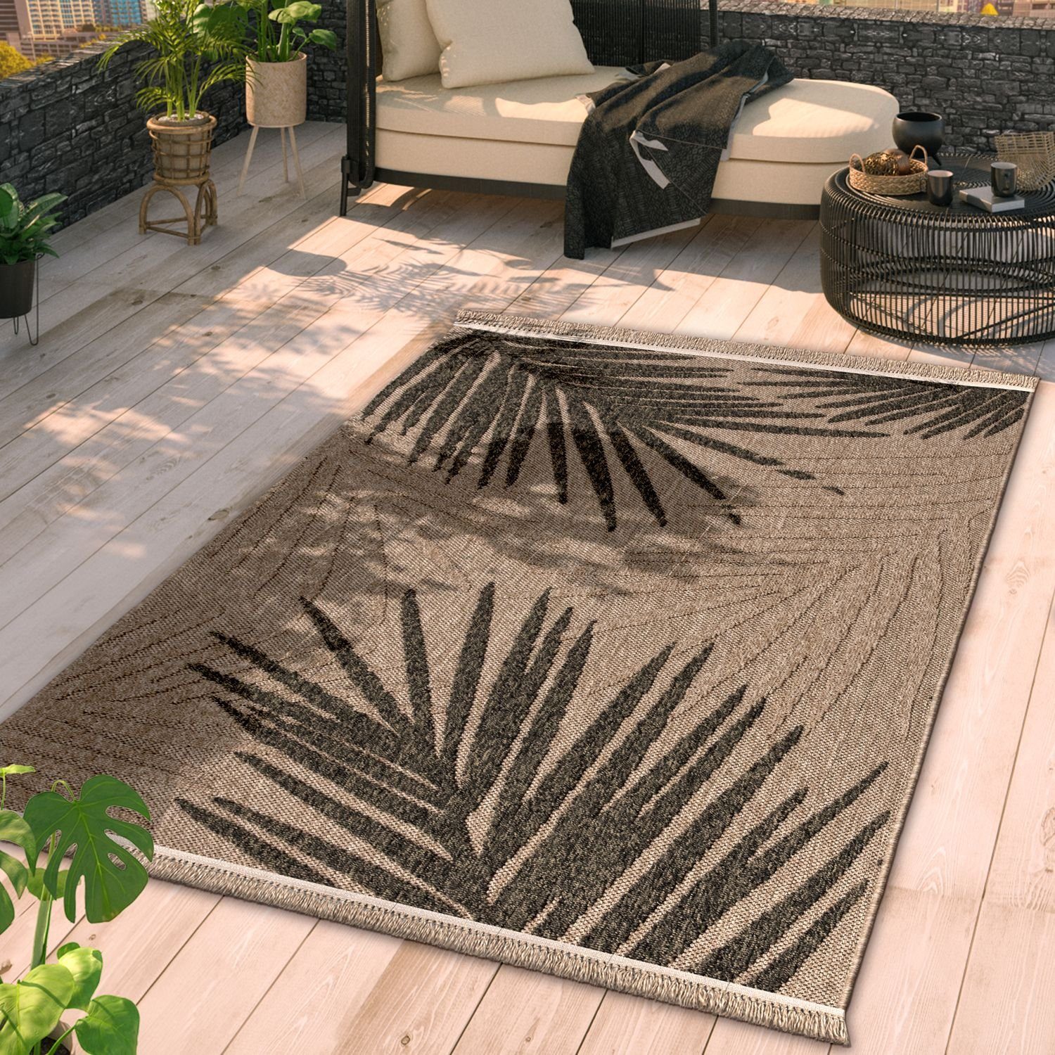 Outdoorteppich Balkon Terrasse Wetterfest Küche Boho Blattmotiv Mit Fransen Modern, TT Home, rechteckig, Höhe: 11 mm
