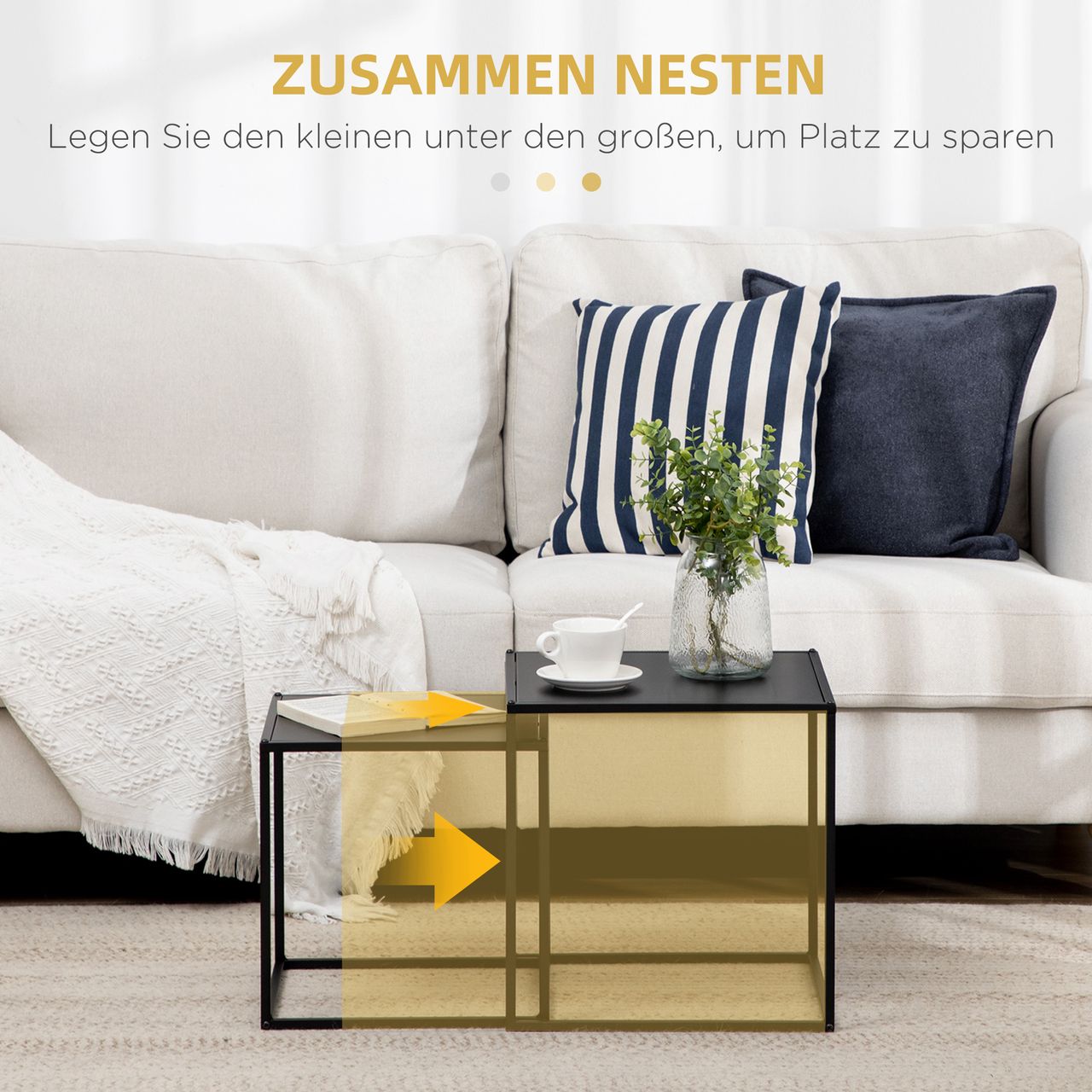 HOMCOM 2er-Set Couchtisch Beistelltisch für Wohnzimmer aus Stahlgestell Schwarz