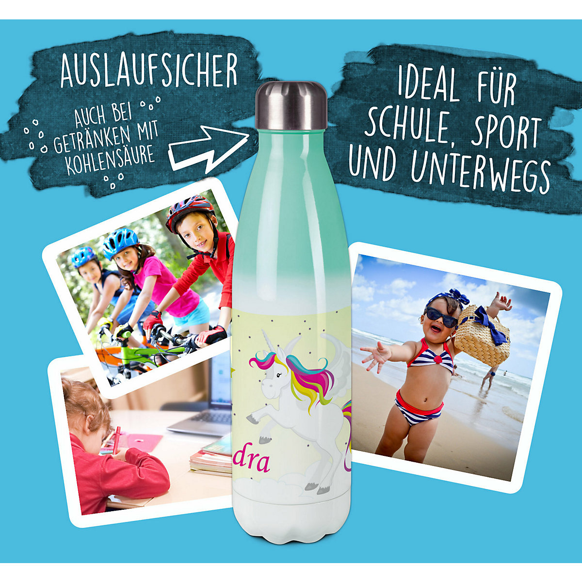 Edelstahl Kinder Thermoflasche / Trinkflasche bunt Pegasus Farbe gelb Spülmaschinenfest, Auslaufsicher, Bruchfest, Doppelwandig, Für Heißgetränke geeignet, Mit Deckel, Isoliert