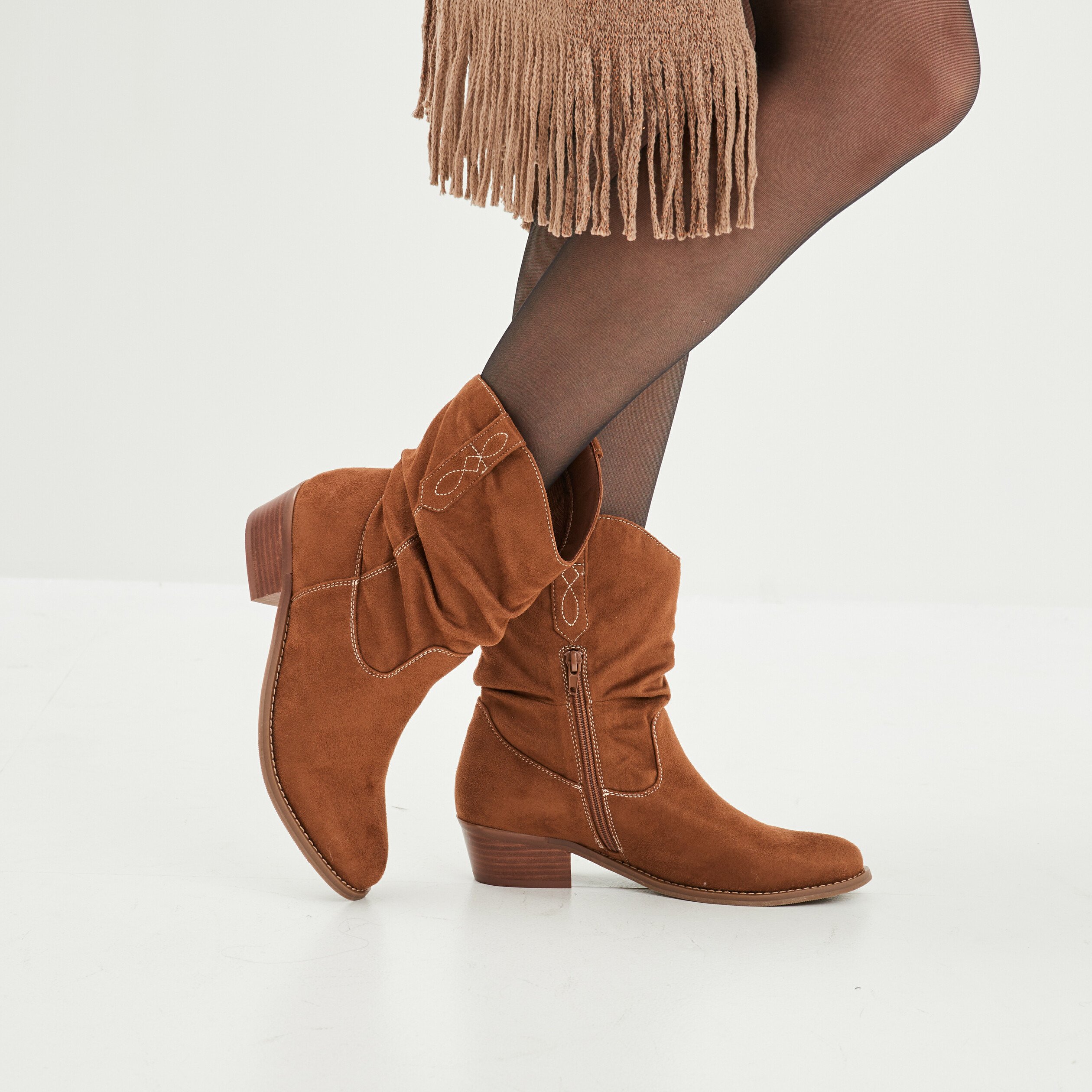 Boots hautes Santiags esprit western marron femme | La Halle