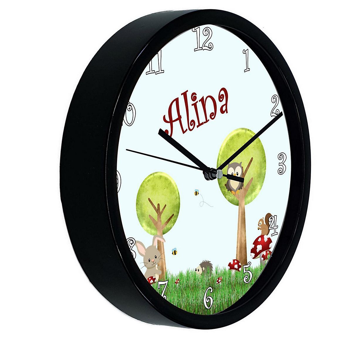 Kinder Wanduhr laufruhig personalisiert mit Name Waldwiese