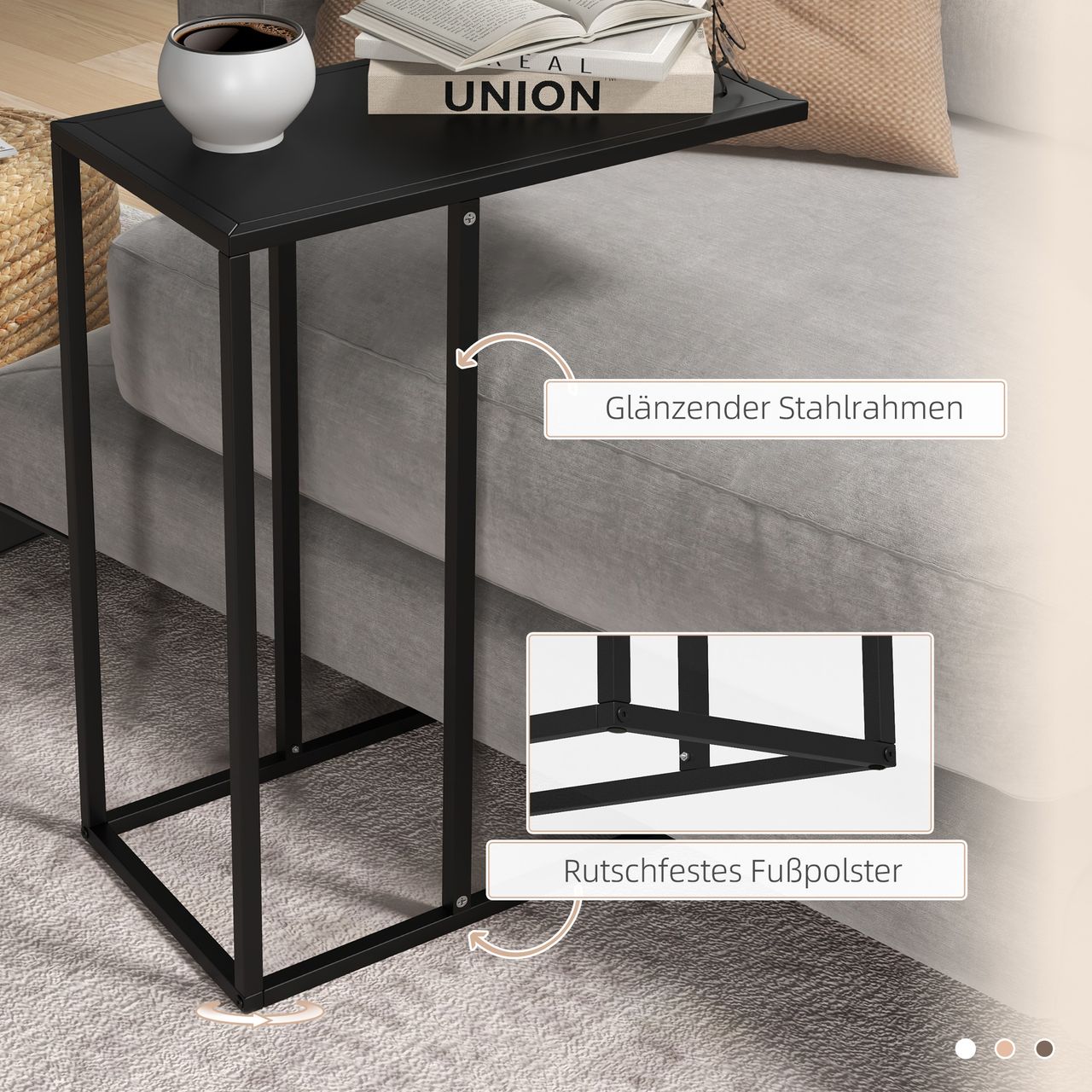 HOMCOM Beistelltisch Couchtisch in C-Form, Sofatisch Nachttisch mit Stahlgestell