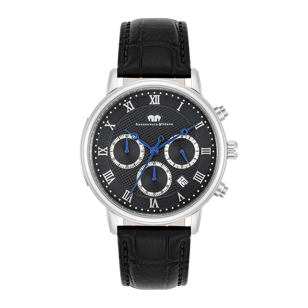 Rhodenwald & Söhne Chronographe Moonlight en Argent Cuir véritable en Noir Montre