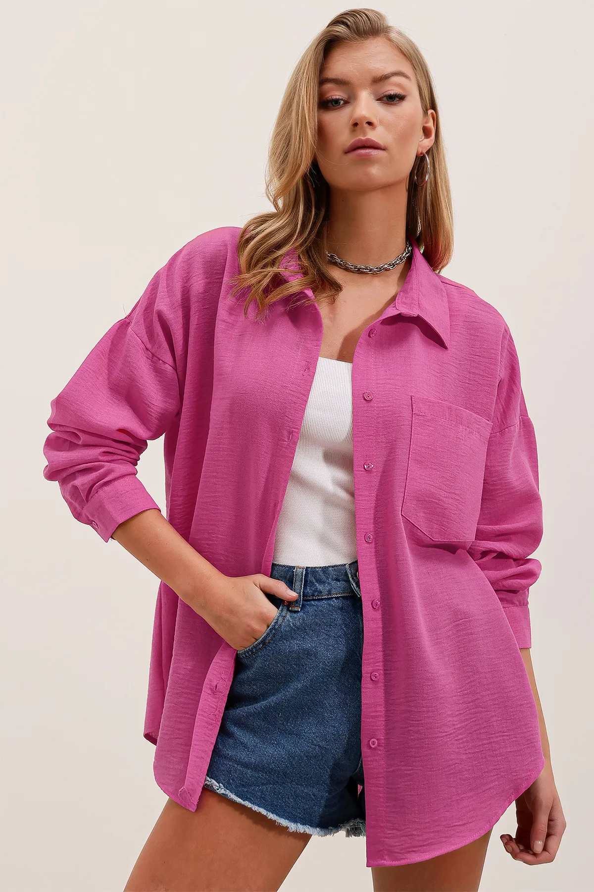 Bigdart  20153 Oversize-Leinenhemd mit einer Tasche – Fuchsia