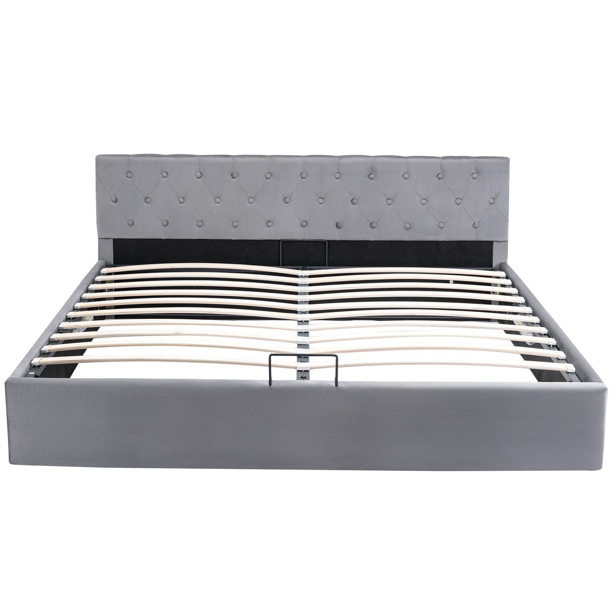Ulife Polsterbett Grau Stauraumbett Samt-Stoff Funktionsbett Doppelbett mit Bettkasten, mit Bettkasten Samt-Stoff, 180 × 200cm