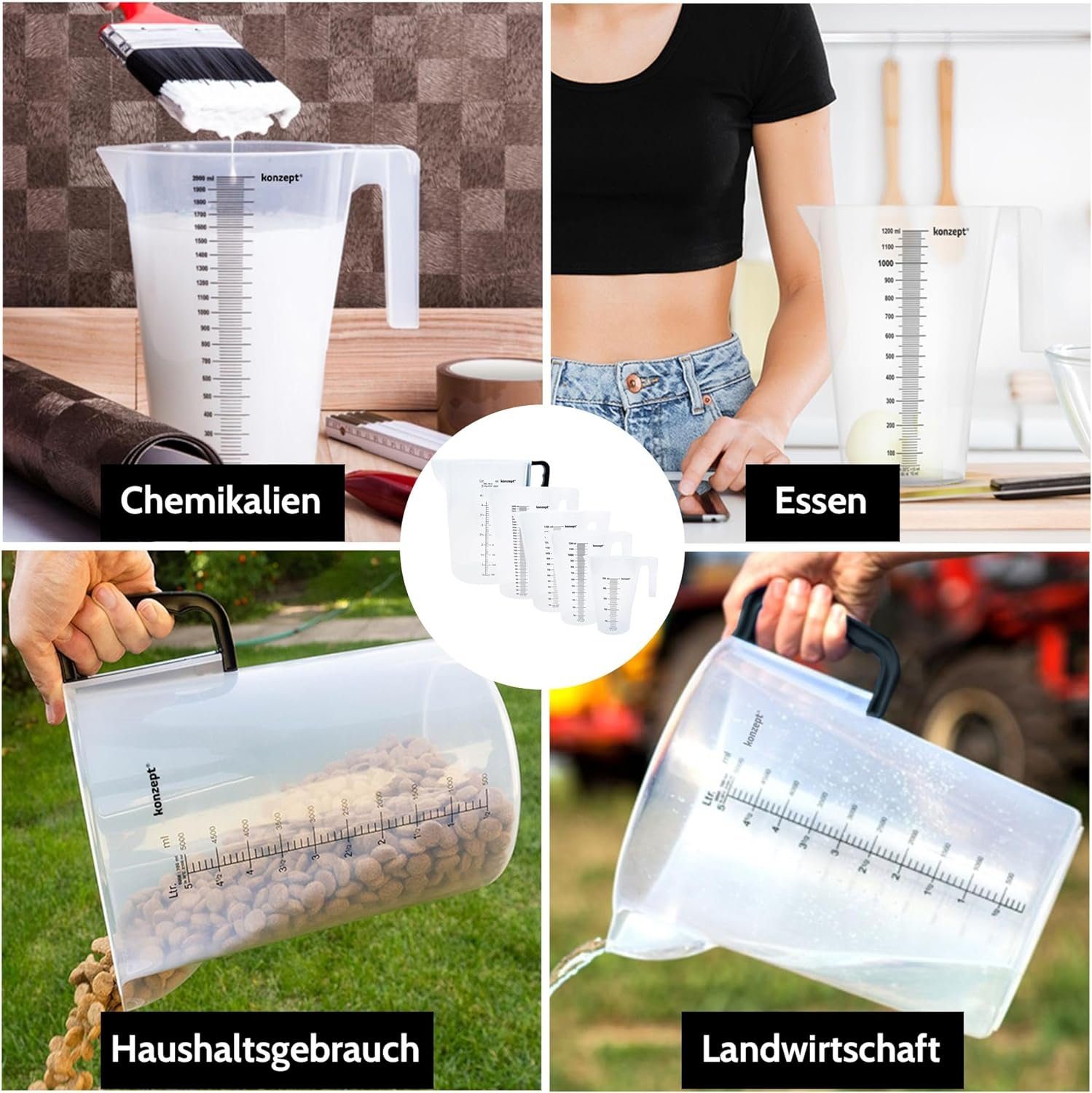 KONZEPT Messbecher Verschiedene Größen zur Wahl, (Litermaß, Kunststoff), Ideal für Küche, Garten, Werkstatt, Transparent