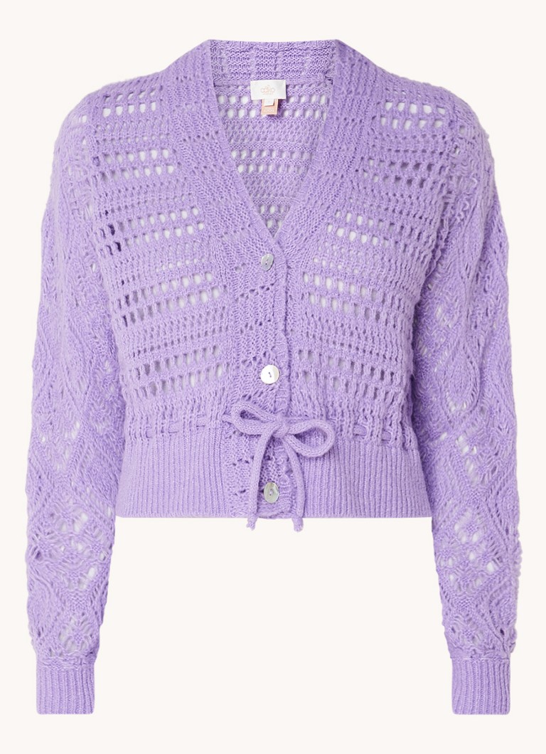 Cardigan scurt Aaiko Yrsa, confecționat din material gros tricotat cu amestec de lână și model ajurat.