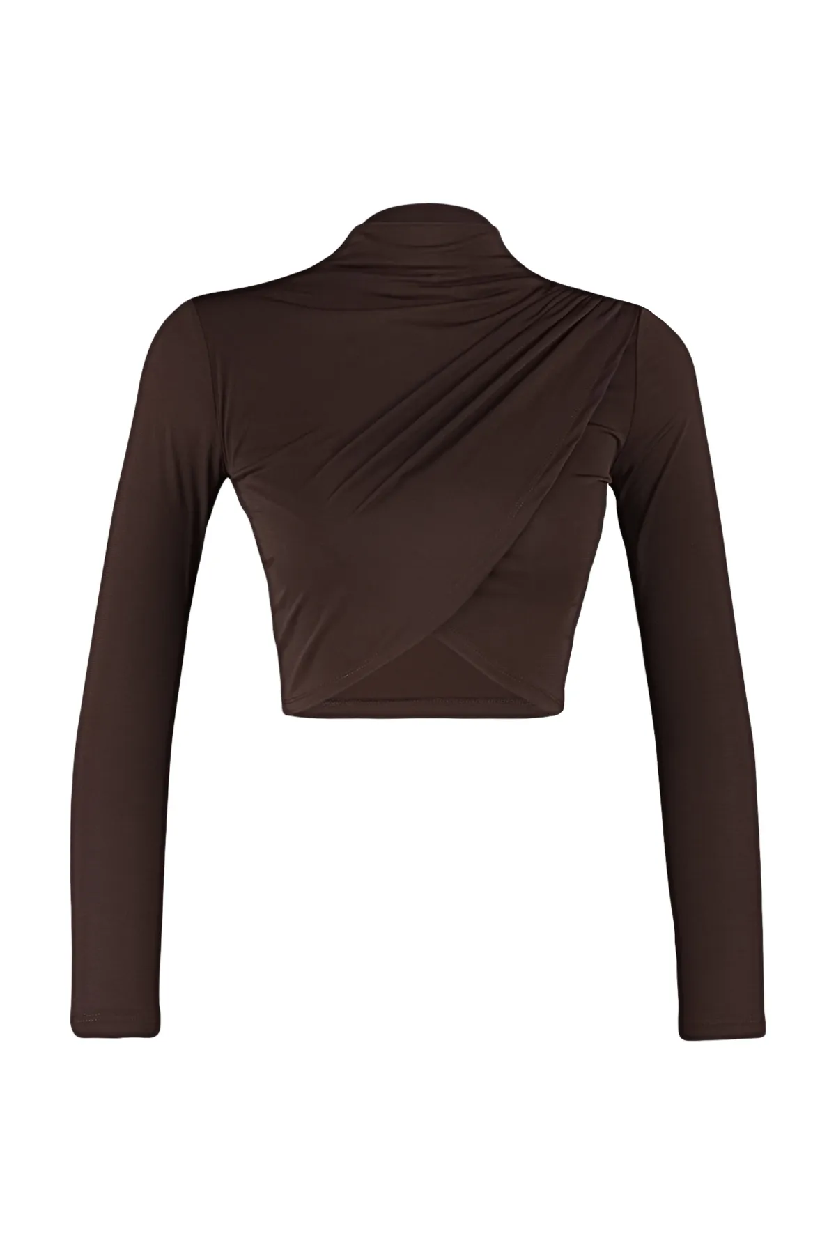 Trendyol Collection  Dunkelbraune drapierte Crop-Bluse mit hohem Kragen TWOAW24BZ00164