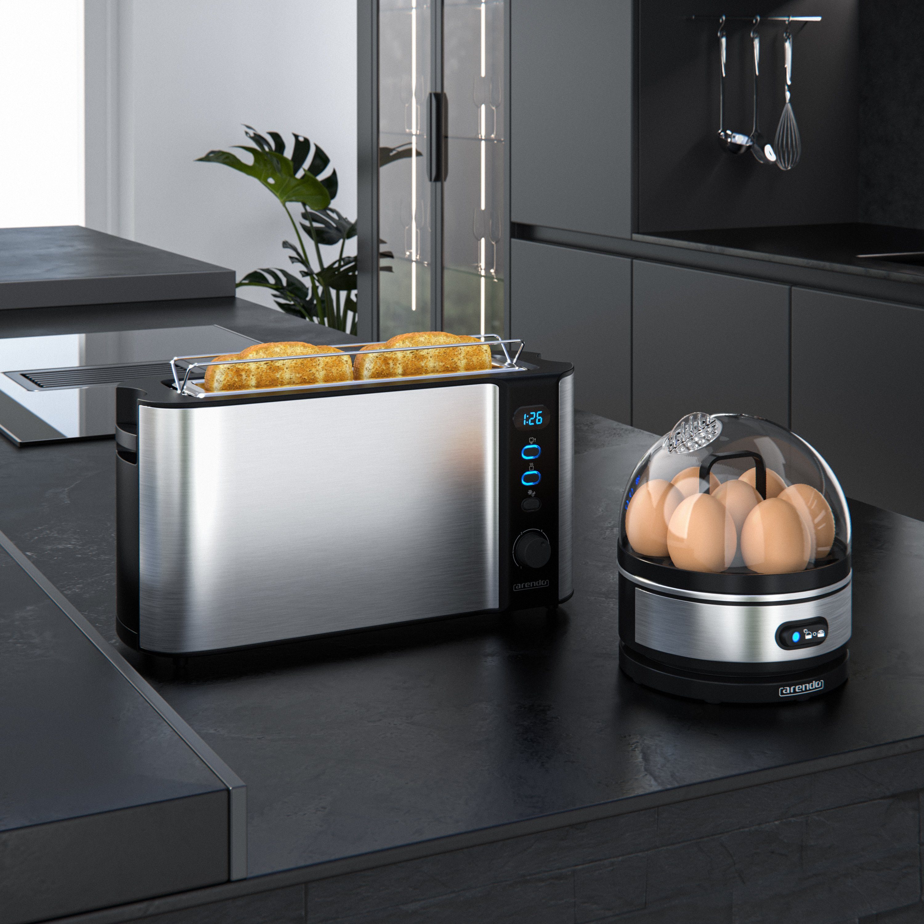 Arendo Frühstücks-Set (2-tlg), 2-Scheiben Langschlitz Toaster, 7er Eierkocher, Silber