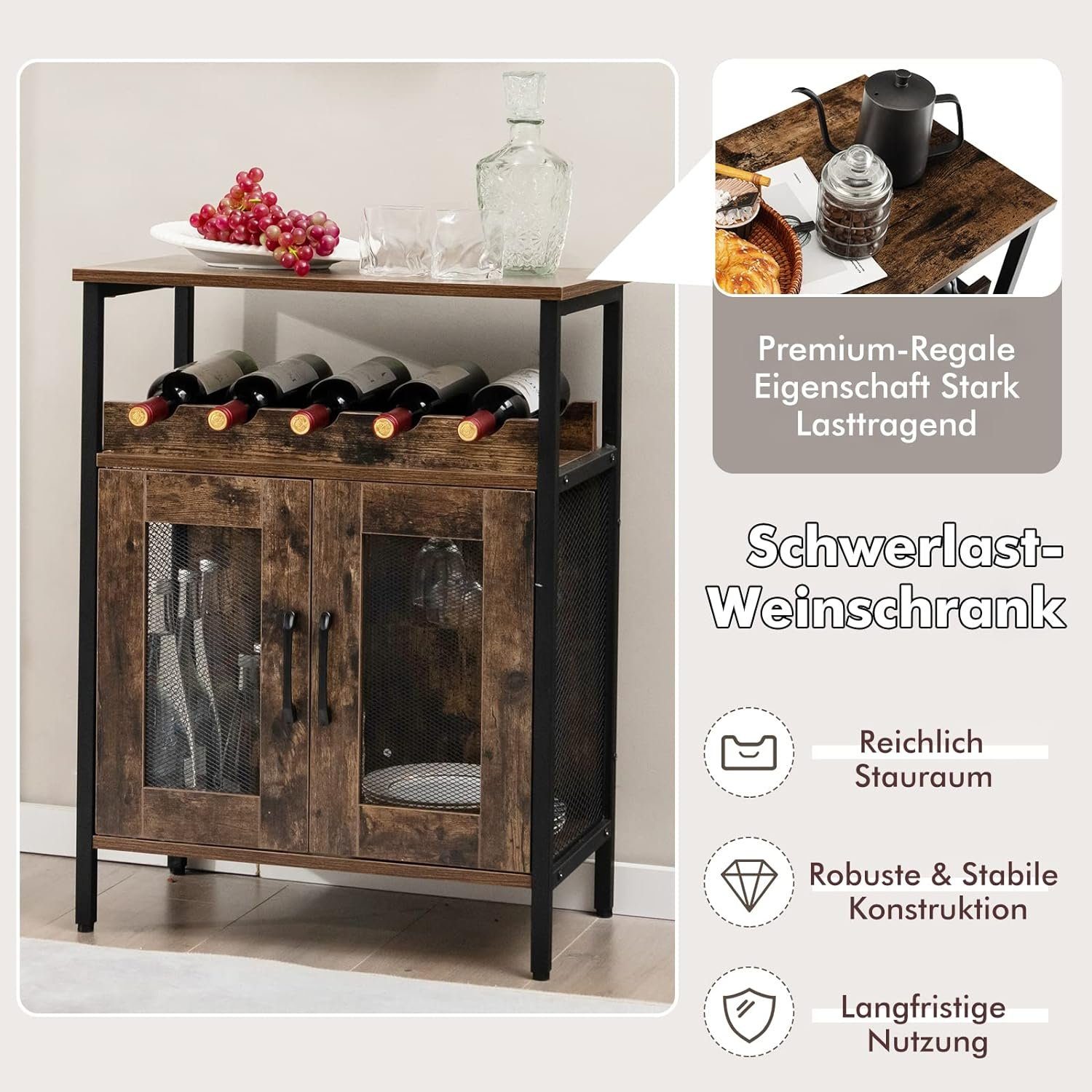 KOMFOTTEU Weinregal Küchenschrank, mit abnehmbarem Weinregal & 6 Glashalter