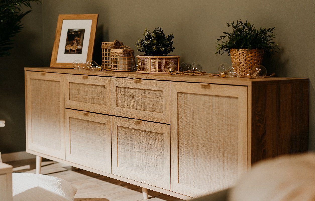 Finori Sideboard Sideboard Kommode groß Bali, Sonoma Eiche / Rafia Geflecht, Mediterr