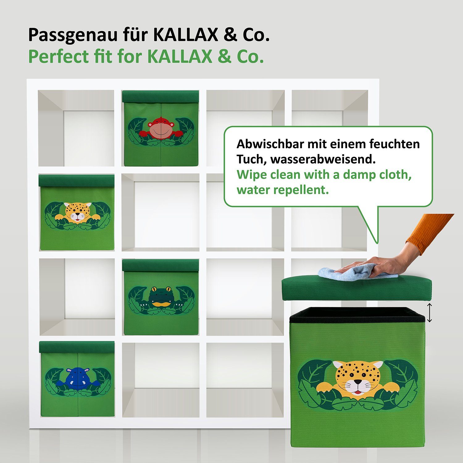 WIESEN.design Spielzeugtruhe Sitzbox Dschungel für Spielzeug Aufbewahrung, 32x32x32cm, 27L, (geeignet für Kallax-Regale), Belastbar mit 150kg, inkl. eines Baumwollsacks, gratis Versand