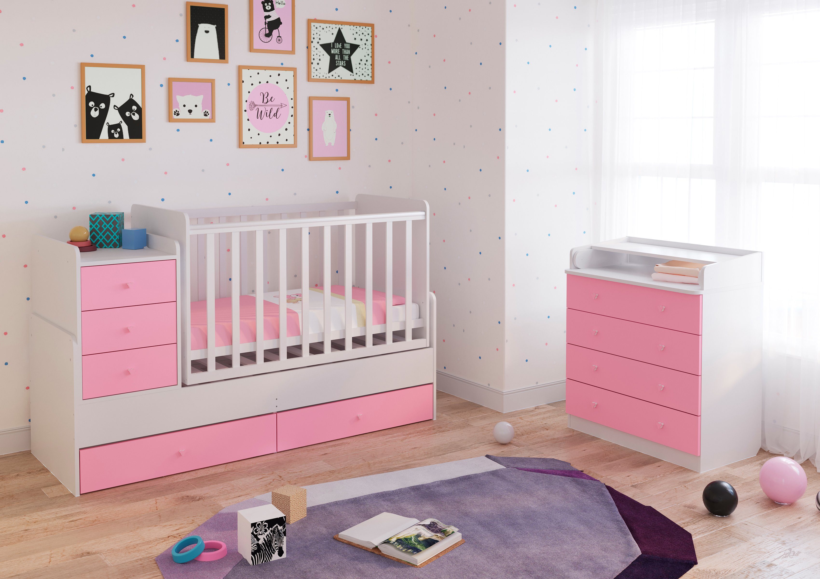 Polini kids Wickelkommode Simple 1580, weiß/rosa, mit aufklappbarem Wickelaufsatz