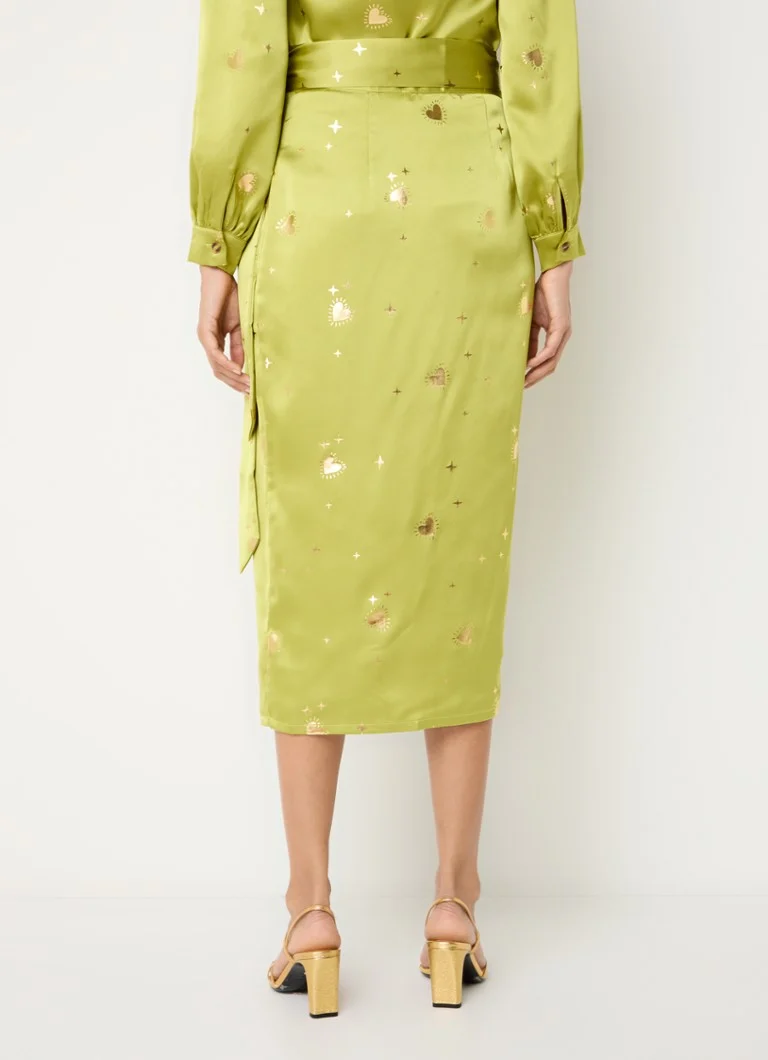 Fustă midi petrecută Never Fully Dressed, din satin imprimat și lurex.