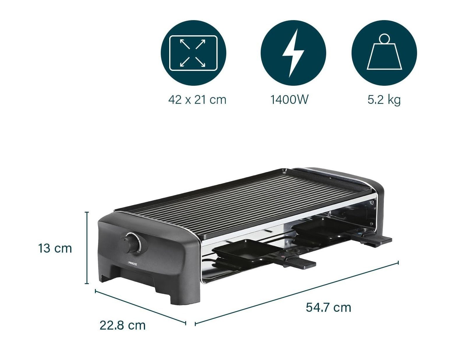 Setpoint Raclette, 8 Raclettepfännchen, 1400 W, großes XL Gerät für 2-8 Personen Tisch-Grill wendbare Platte & Gabeln