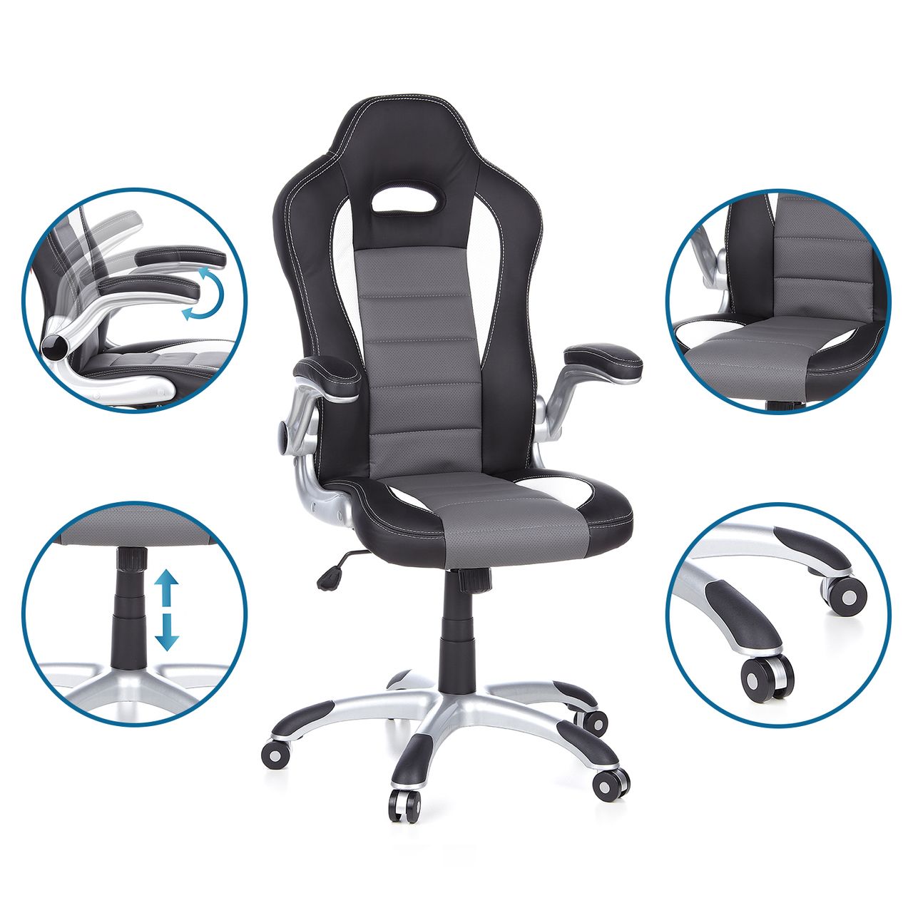 hjh OFFICE Chefsessel GAME SPORT Grau/Schwarz Bürostuhl, Armlehnen klappbar