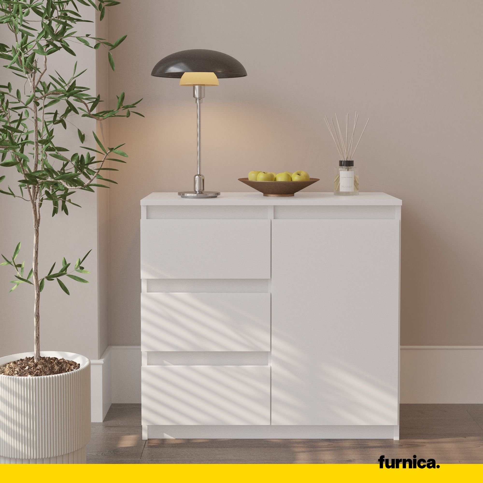 Furnica Kommode MIKEL, 3 Schubladen und 1 Tür - Weiß Matt H75cm B80cm T35cm (1 St)