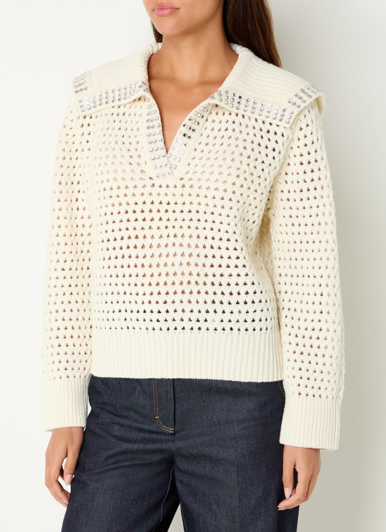Sandro Chunky knit wool sweater with openwork detail and rhinestones