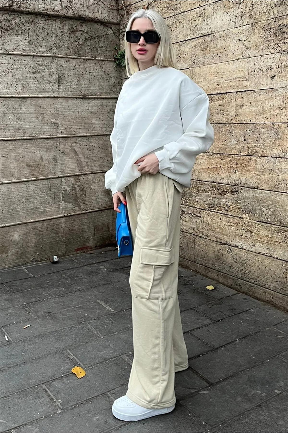 Madmext  Beigefarbene Damen-Jogginghose mit weitem Bein und Cargotasche Mg1615