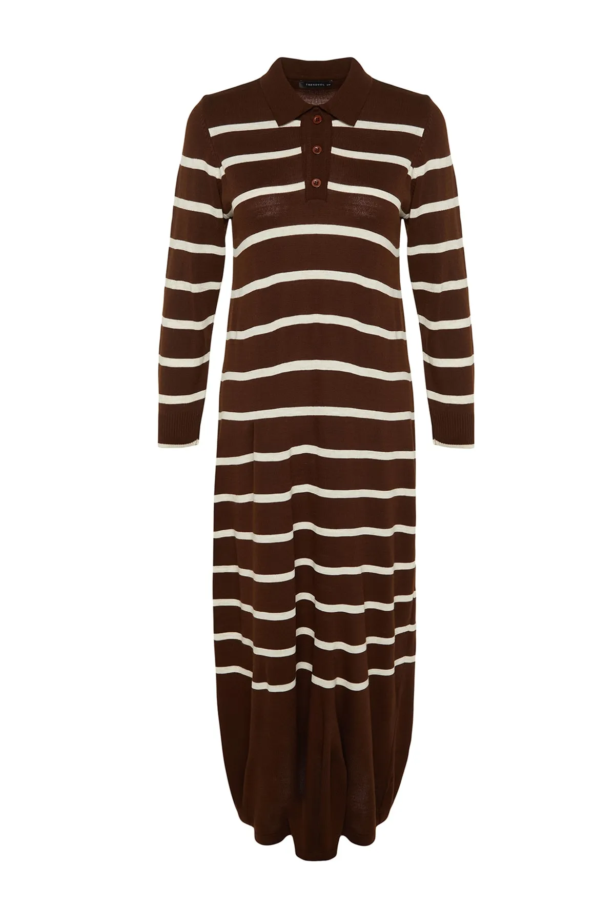 Trendyol Modest  Braunes gestreiftes Strickkleid mit Polokragen TCTAW22EB02122
