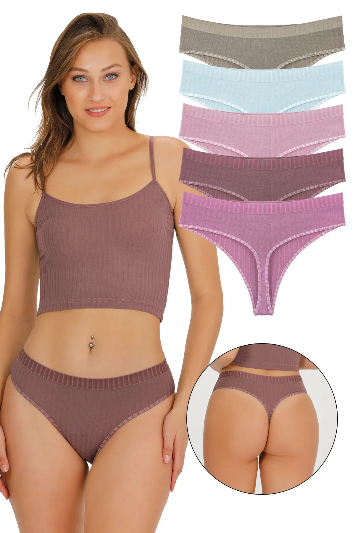 Sensu  5-teiliges Tanga-Höschen-Set für Damen mit Schnurbindung in sanften Farben – Kts4015