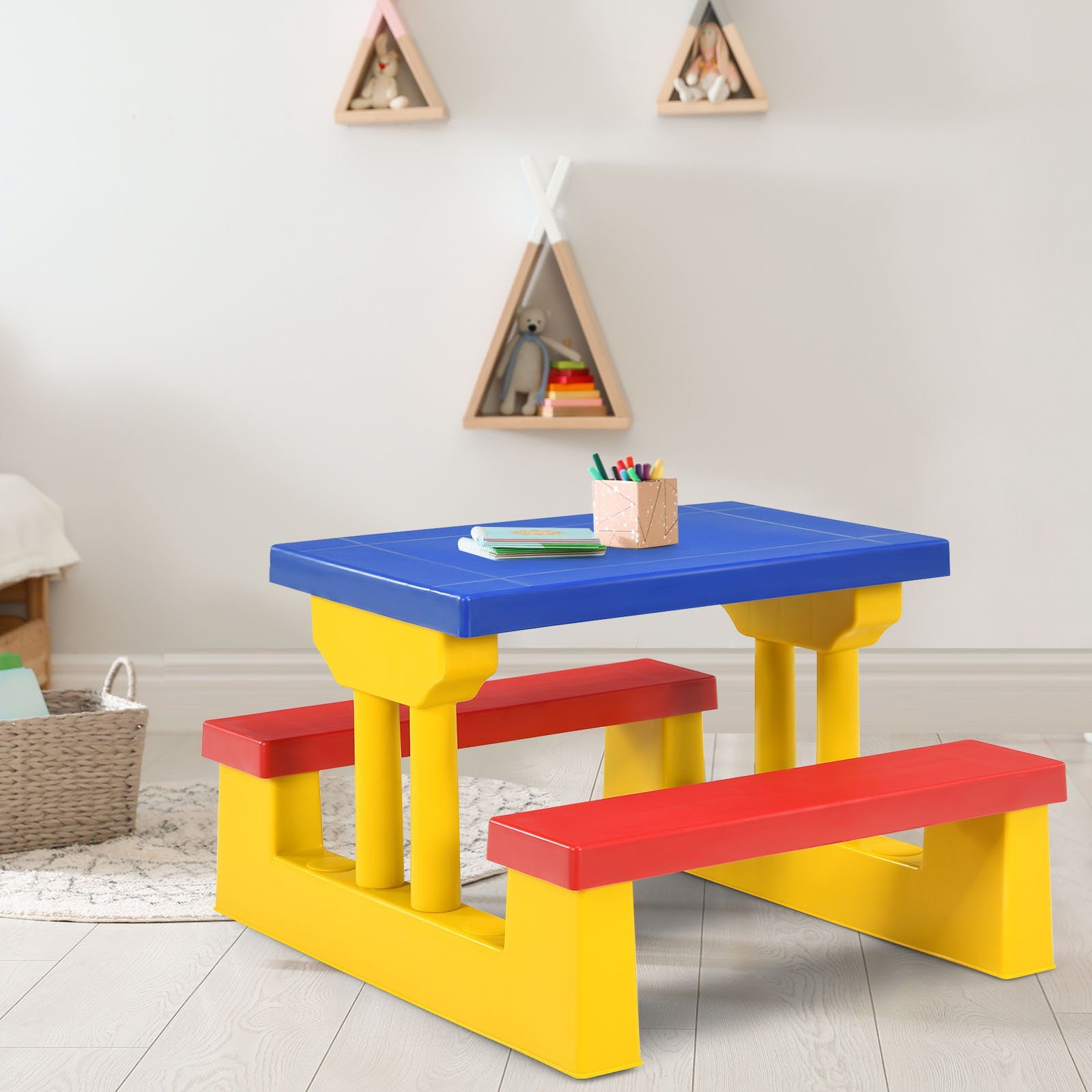 COSTWAY Kindersitzgruppe Sitzgarnitur, Kindertisch, mit Sonnenschirm