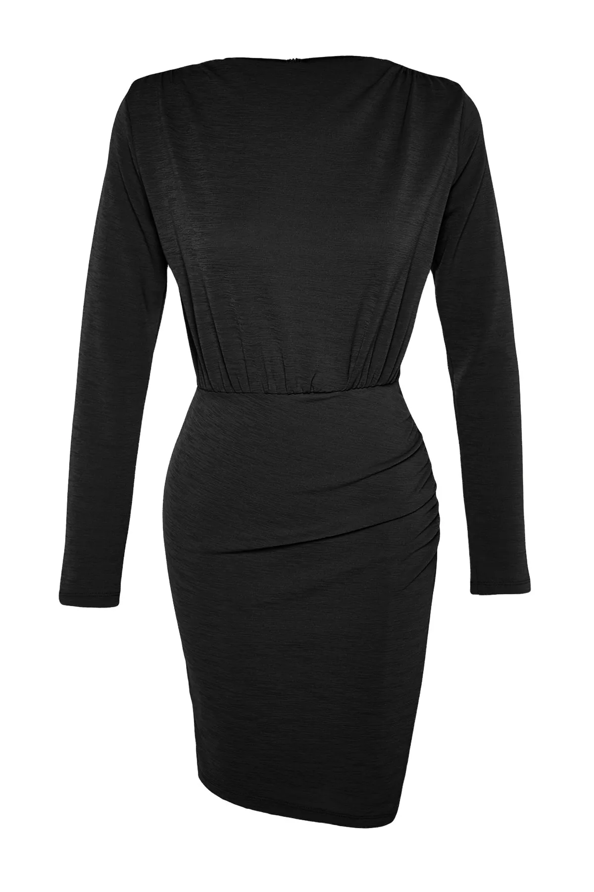 Trendyol Collection  Schwarzes, detailliertes Mini-Strickkleid aus strukturiertem, drapiertem Krepp TWOAW24EL00137