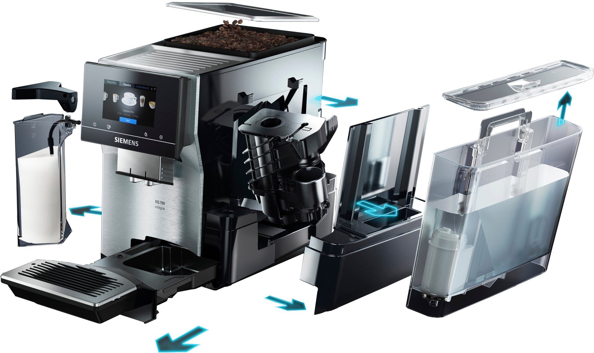 SIEMENS Kaffeevollautomat EQ.700 integral - TQ707D03, Full-Touch-Display, bis zu 30 individuelle Kaffee-Favoriten