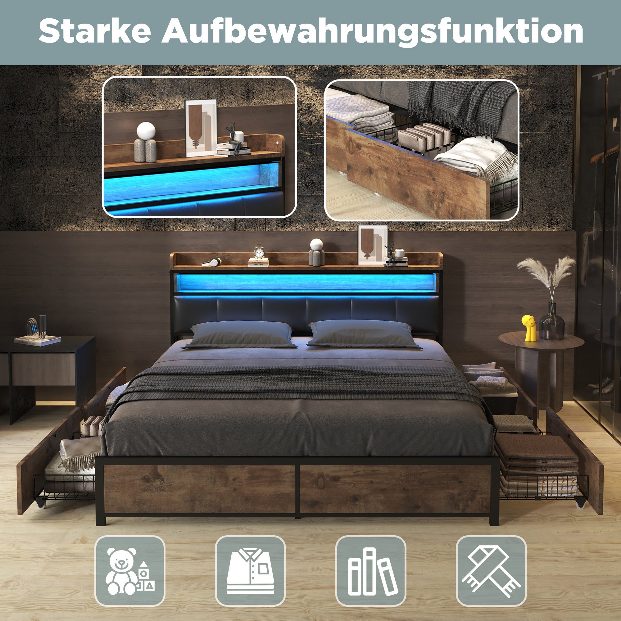OKWISH Holzbett Polsterbett Jugendbett (160x200 cm Ohne Matratze, LED-Bett, Jugendbett, mit 4 Schubladen)